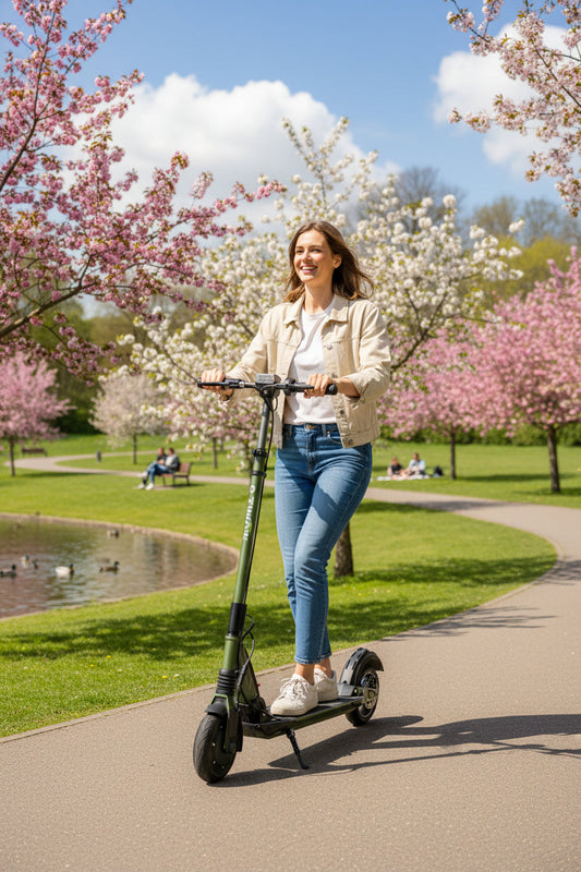 Green scooter with a long arm on a white background